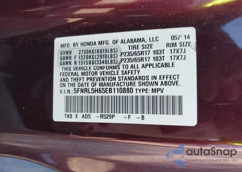 2014 Honda Odyssey Exl from USA, damaged, VIN 5FNRL5H65EB110880